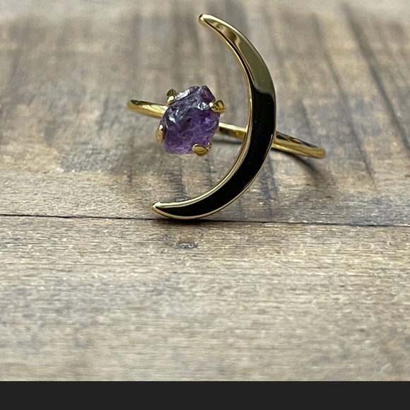 Amethyst Crescent Moon Ring.  Adjustable band is gold plated over brass - Picture 2 of 5